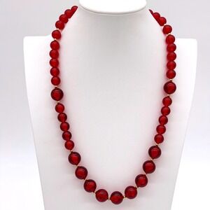 Vintage Red Lucite Beaded Necklace Graduated Beads Statement Retro 26"